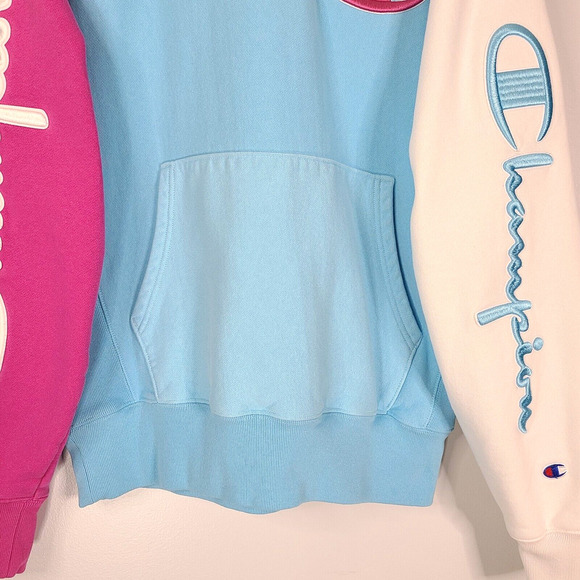 Champion Men Reverse Weave Color Block Hoodie MED Pink Blue White Bold Spell Out - Picture 5 of 12